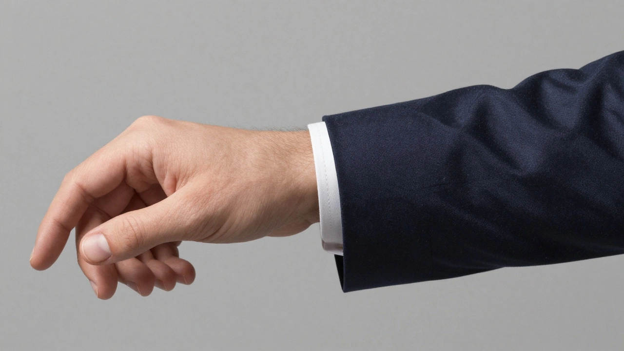 A hand testing wool fabric texture beside shiny polyester, highlighting material quality.