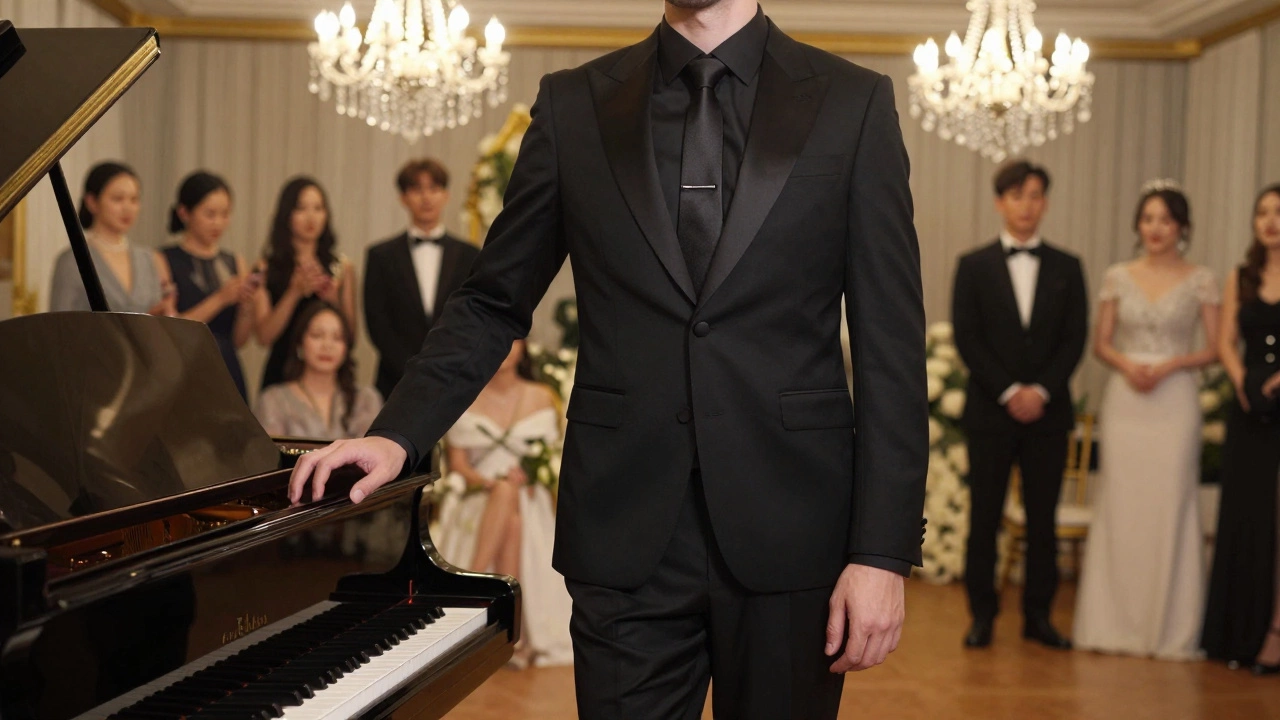 A man at an evening wedding wears a black-tie suit with satin lapel, the shine softly glowing under chandeliers.
