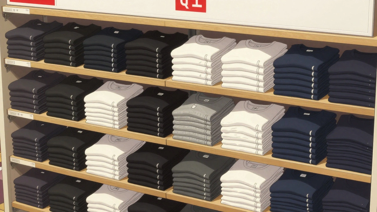 A neatly arranged retail shelf filled with crew neck t-shirts in black, white, gray, and navy, from popular brands like Uniqlo and Everlane.