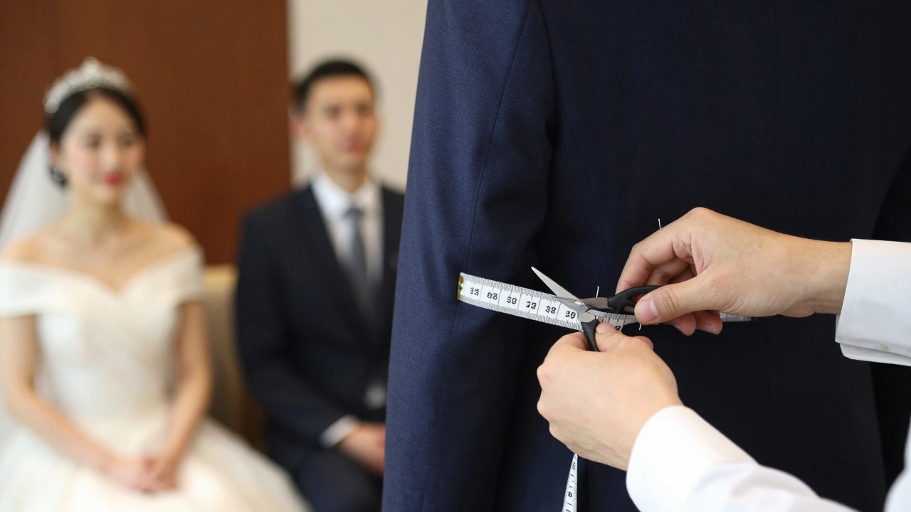 A tailor altering a navy suit with measuring tape and pins, symbolizing perfect fit.