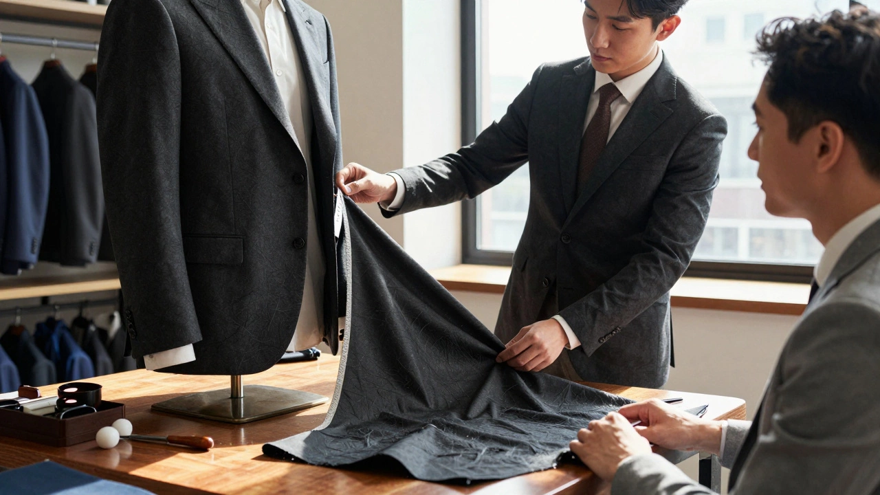 A tailor pinches wool fabric to demonstrate quality beside a wrinkled polyester suit in a sunlit studio.