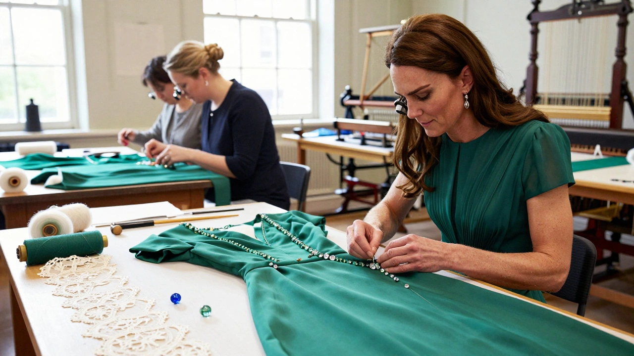 British seamstresses hand-beading an emerald silk gown in a London atelier, with silk fabrics and vintage looms nearby.