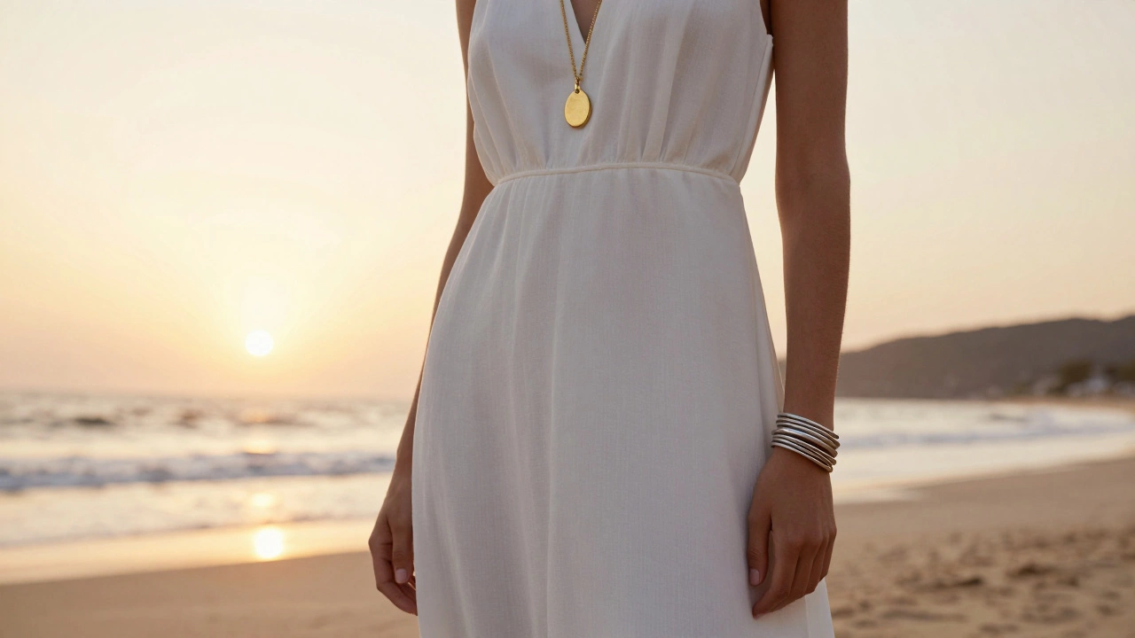 Mixing gold pendant and silver bangles on maxi dress at sunset beach.