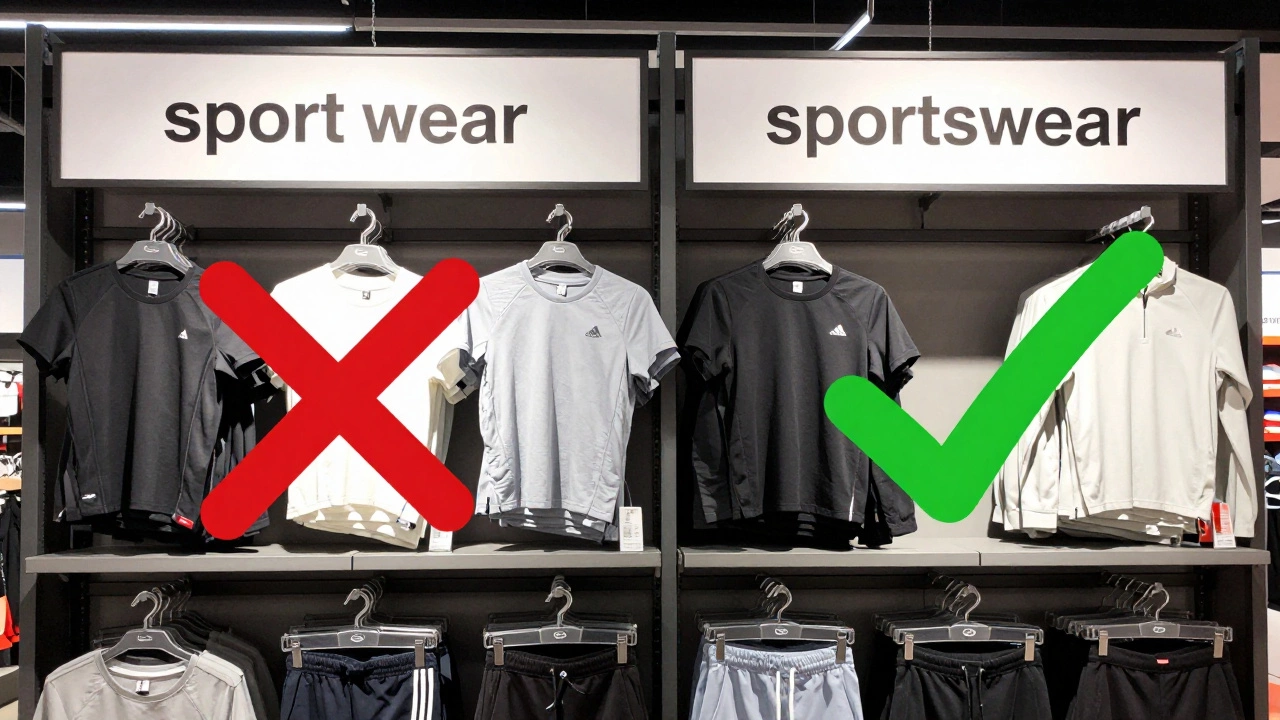 Retail shelf comparing incorrect 'sport wear' with correct 'sportswear' labels