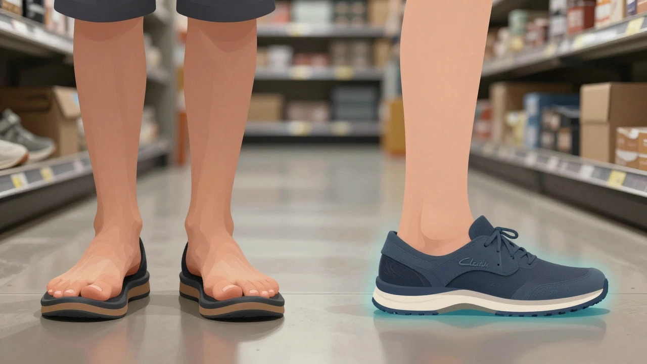 Side-by-side comparison of a worker in unsupportive shoes versus supportive work shoes, highlighting foot posture and arch alignment.