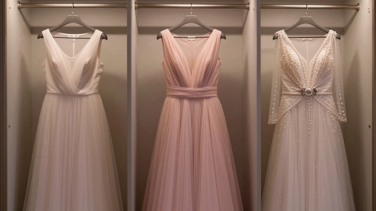 Three of Kate Middleton’s re-worn royal gowns displayed in a climate-controlled wardrobe, softly illuminated.