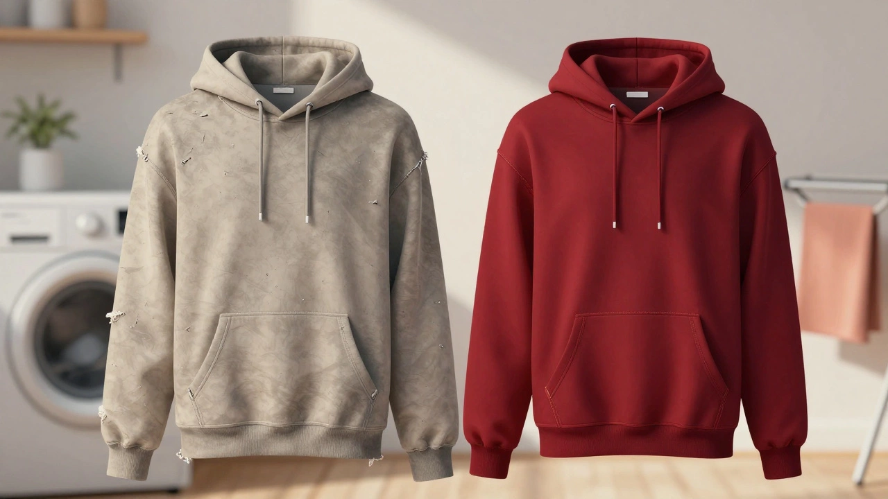 Two hoodies compared side by side—one cheap and worn, the other durable with reinforced stitching.