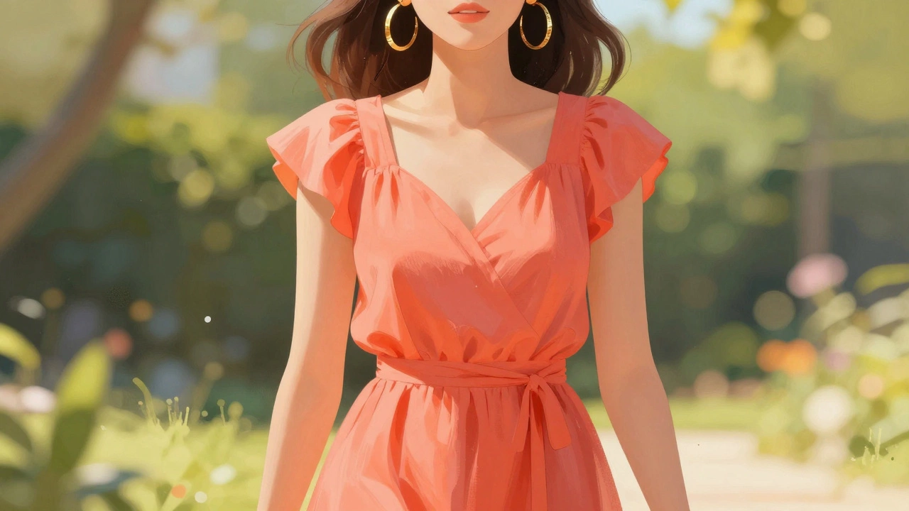 Woman in coral dress with gold earrings in sunny garden.