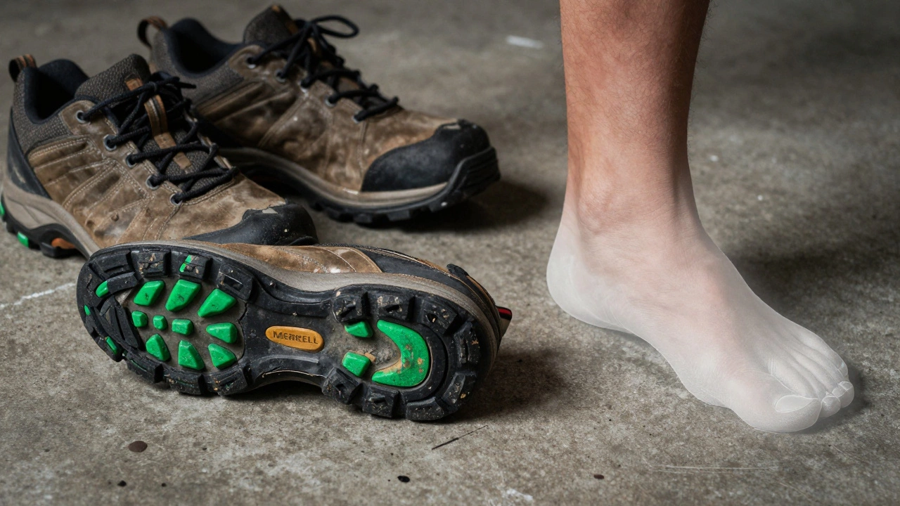 Worn-out work shoes beside new supportive ones, showing signs of decomposition and transition from pain to proper support.