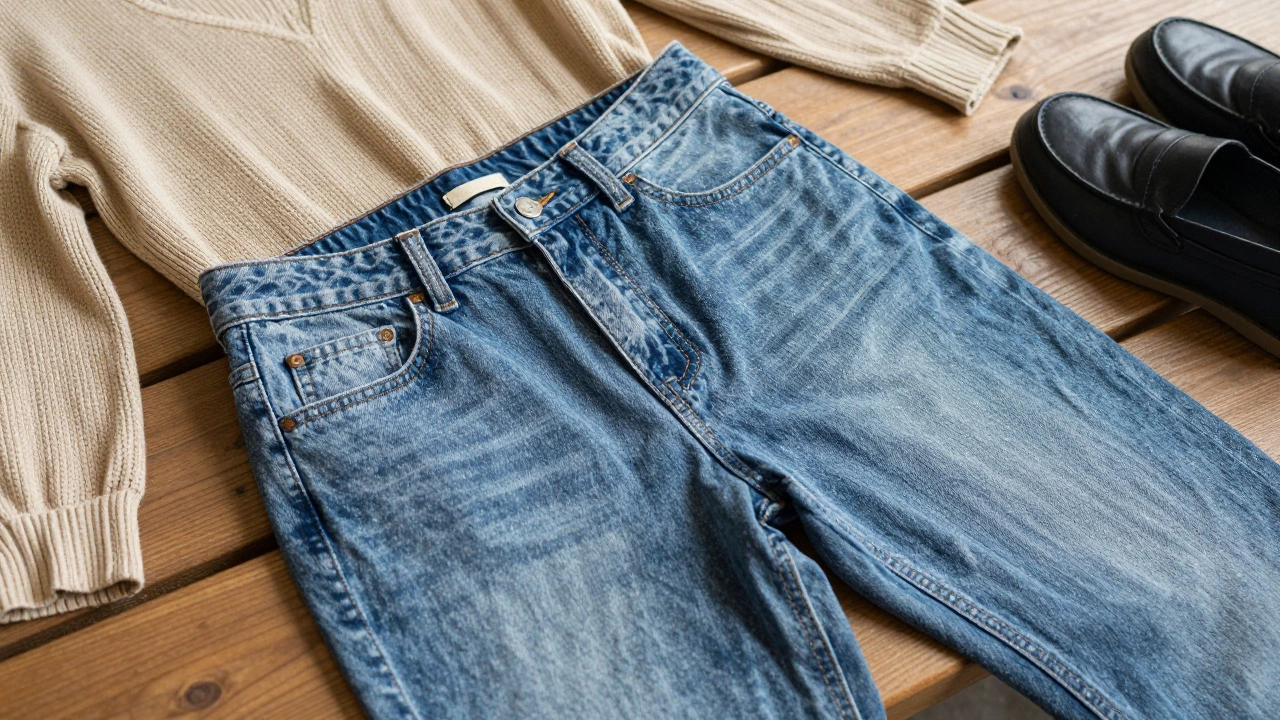 Adaptive jeans with magnetic closure and hidden elastic waistband laid beside a soft tunic and loafers.