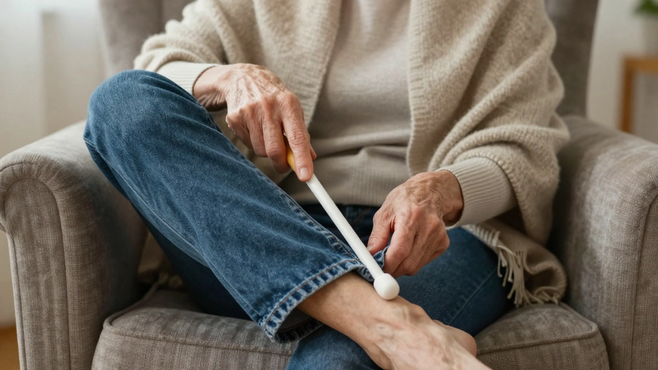 An elderly woman using a dressing aid to put on jeans while seated, wearing a wool shawl.