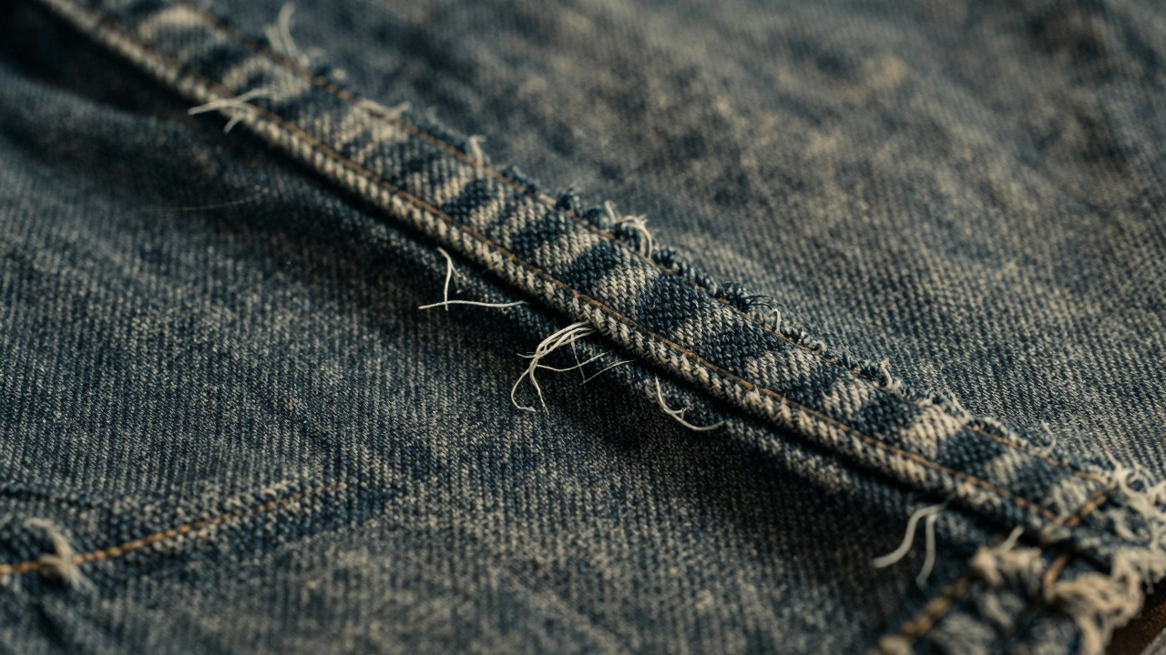 Close-up detail of raw hem and vintage wash on denim fabric.