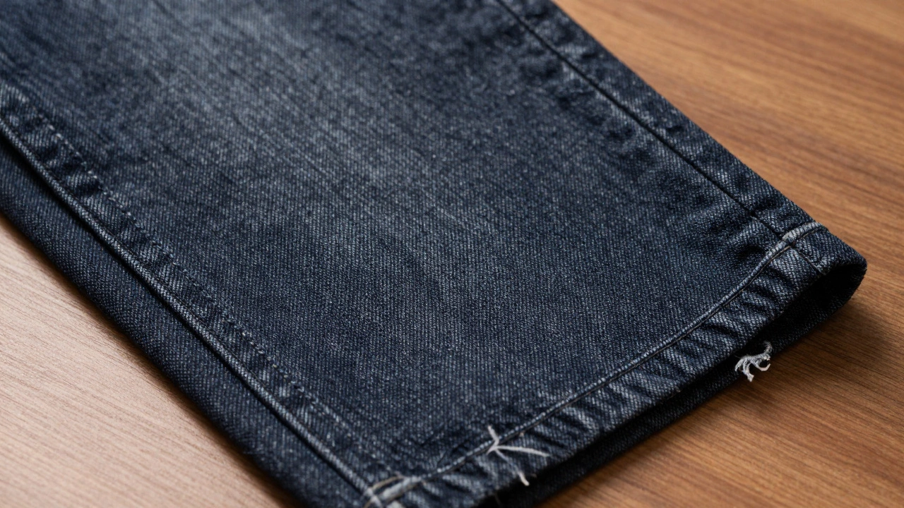 Close-up of denim texture showing minor fraying and strong seams