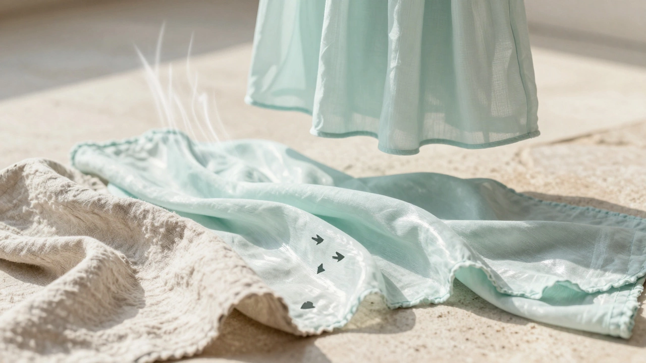 Close-up of three breathable summer fabrics—linen, cotton voile, and bamboo viscose—with airflow arrows showing ventilation.