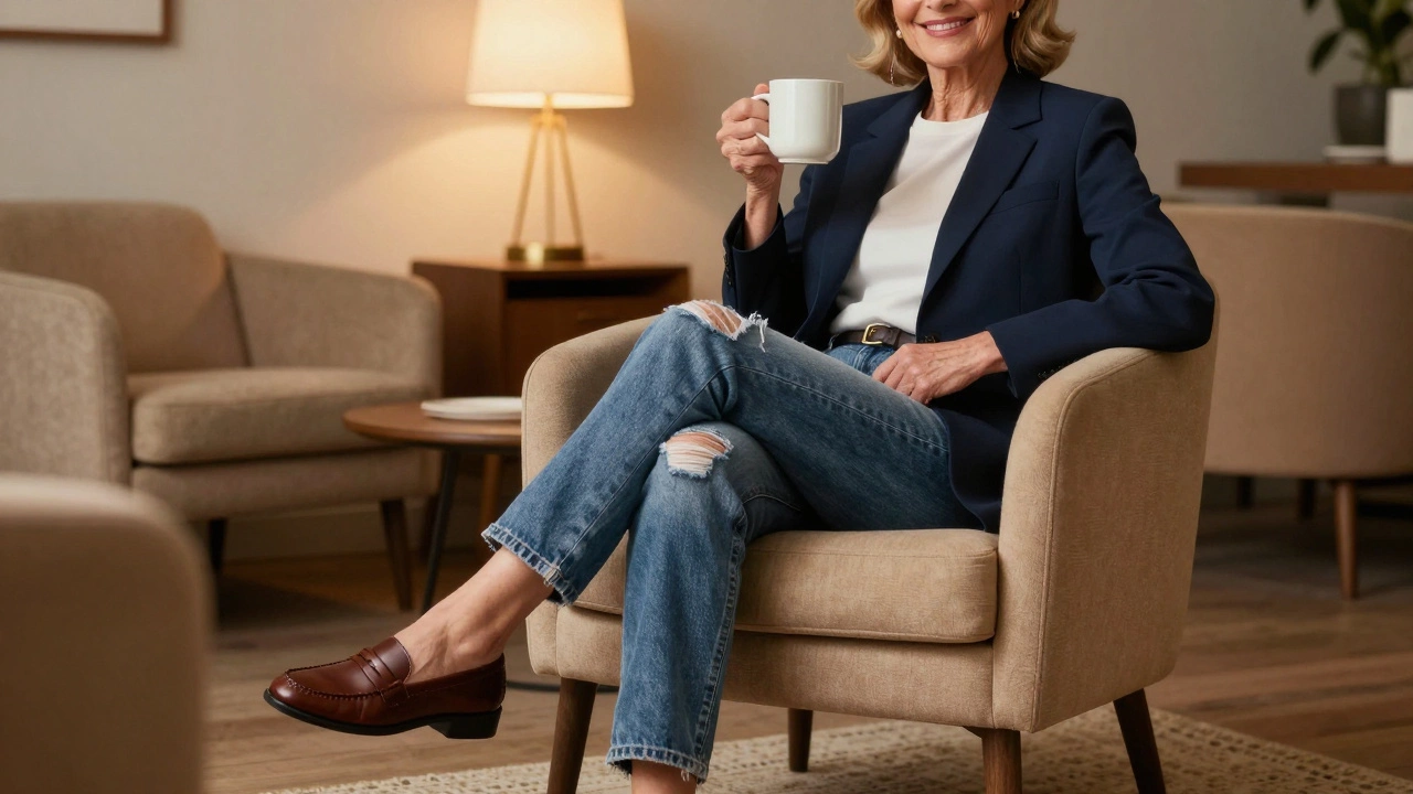 Elderly woman sitting in cafe wearing blazer and jeans