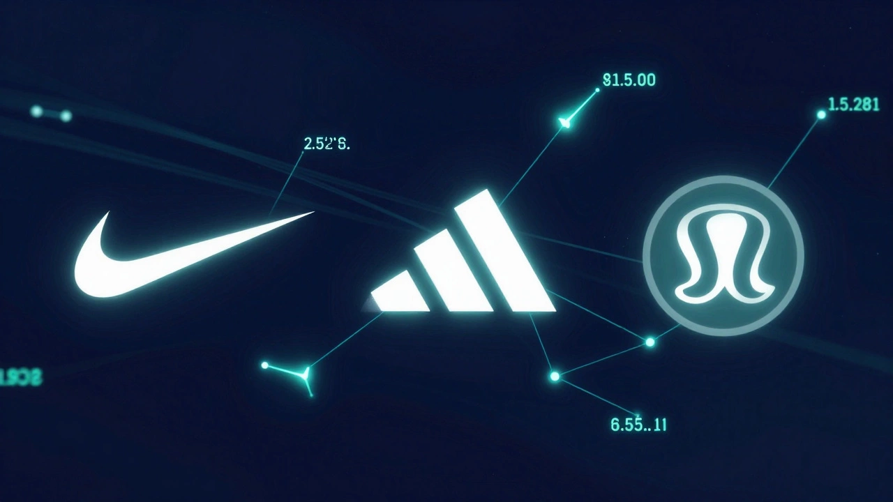 Iconic sportswear logos floating in space connected by glowing data streams representing digital engagement and fitness metrics.