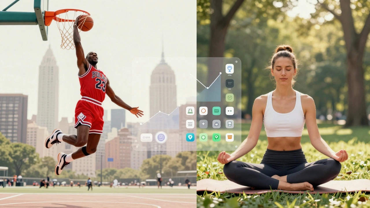 Michael Jordan dunking on one side, a woman meditating in sportswear on the other, with digital overlays showing brand evolution.