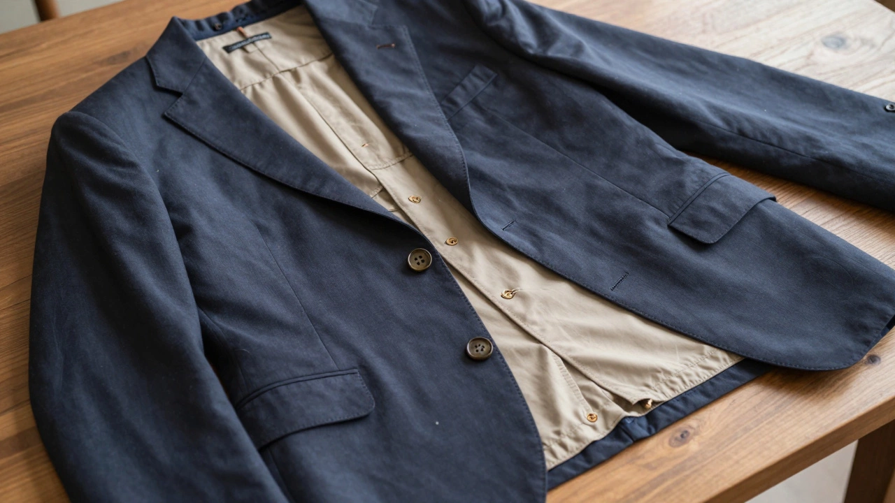 Open suit showing hand-stitched lapel, lining, and button details.