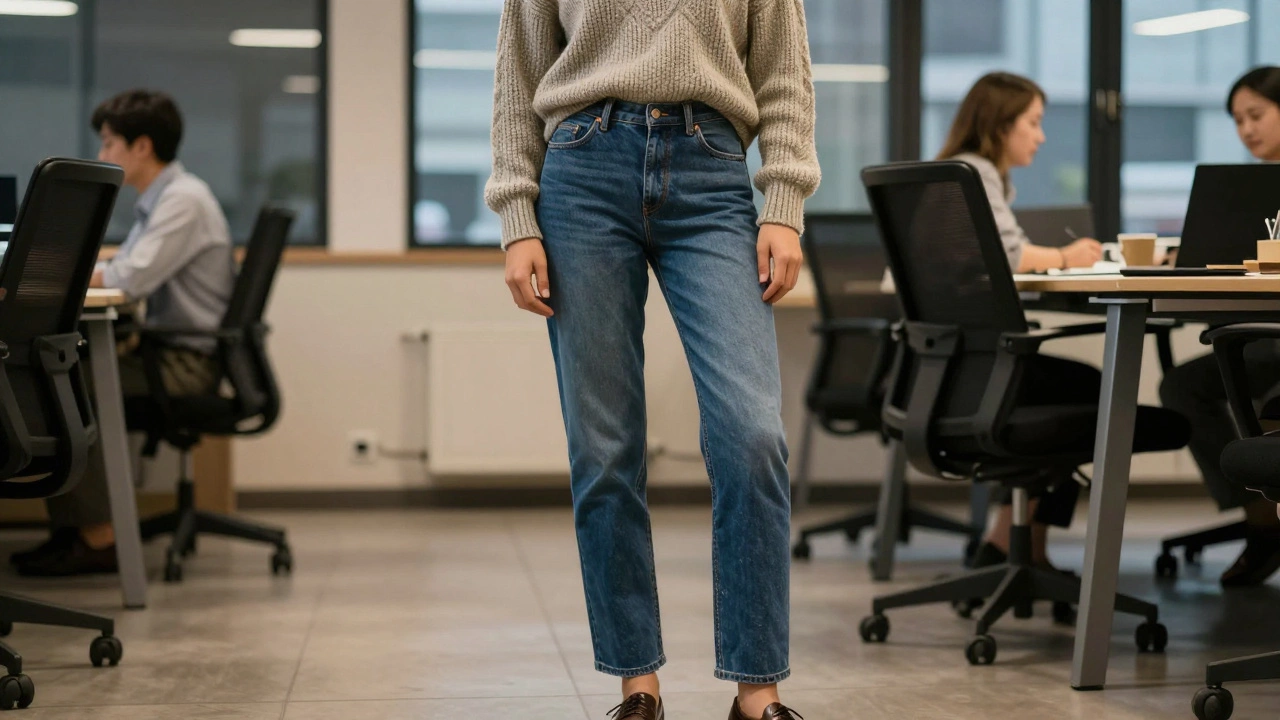 Professional wearing straight-leg jeans and wool sweater indoors.