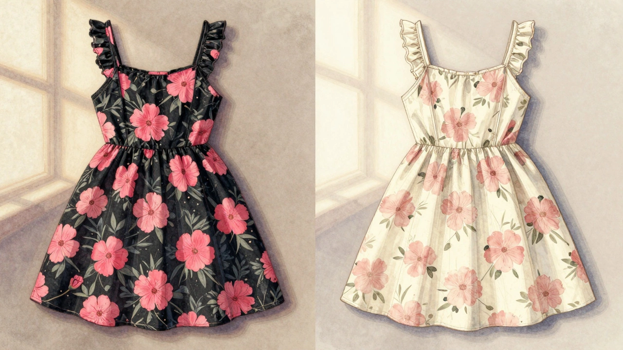 Side-by-side comparison of a dark-backed floral dress and a light-backed version in sunlight.