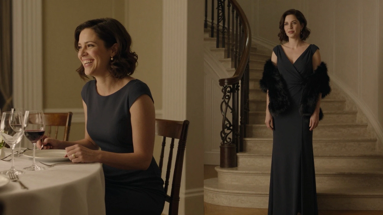 Side-by-side comparison of cocktail dress and evening gown in same setting.