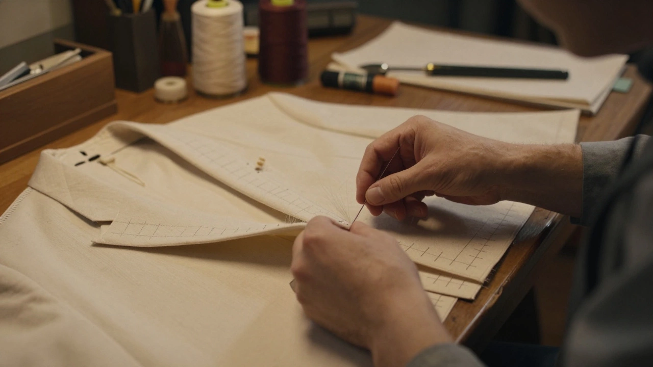 Tailor stitching canvas layer inside a suit jacket by hand.