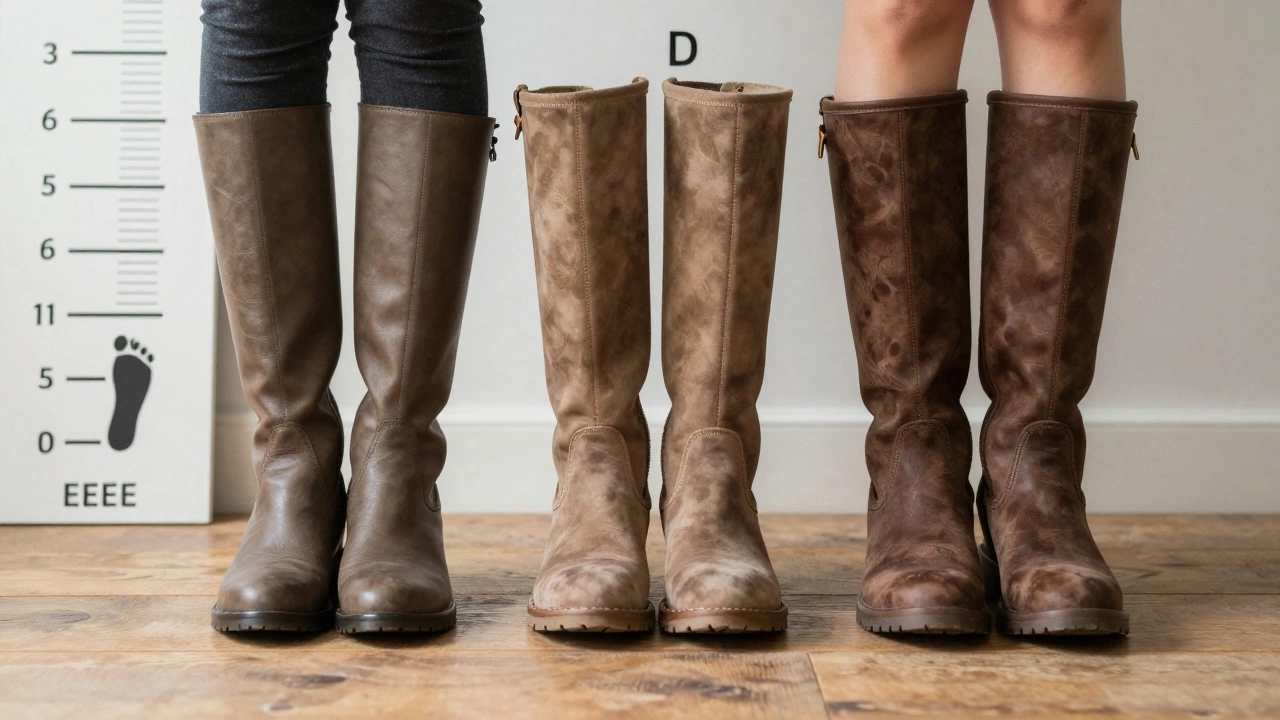 Three women's boots showing differences between standard, wide, and extra-wide toe boxes.