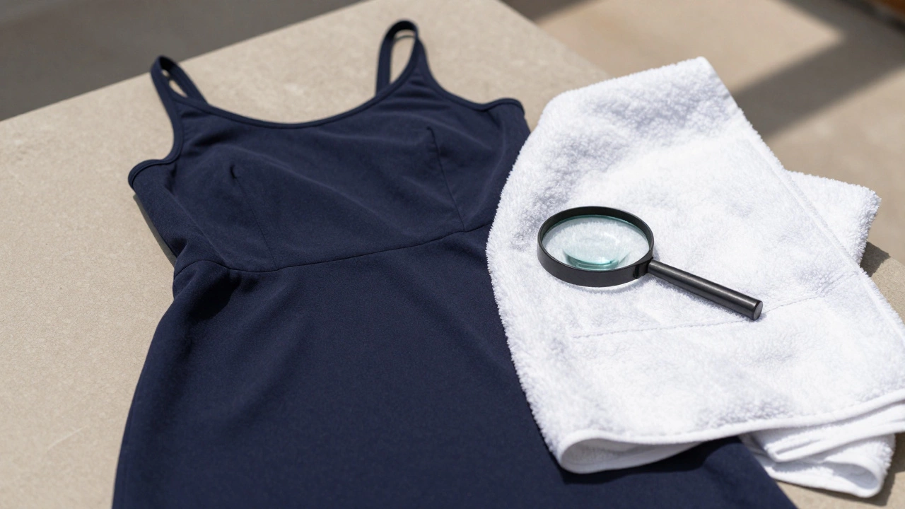 White towel next to a dark navy dress, showing contrast in light reflection under sun.