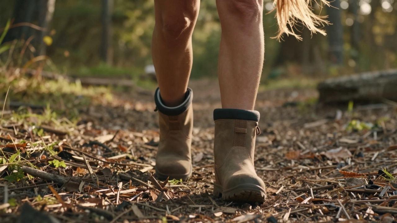 Woman hiking comfortably in wide-fit boots with roomy toe box and no foot pressure.
