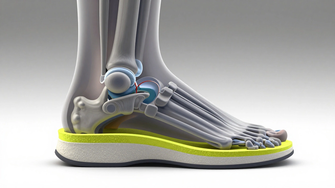 3D anatomical illustration of a foot with a supportive orthopedic shoe midsole and arch support