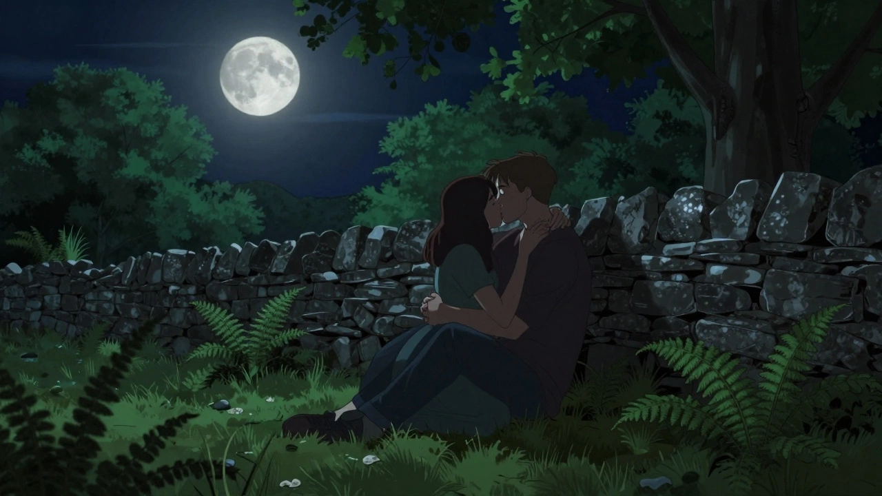 A couple sharing a passionate embrace in a moonlit Irish park with green ferns.