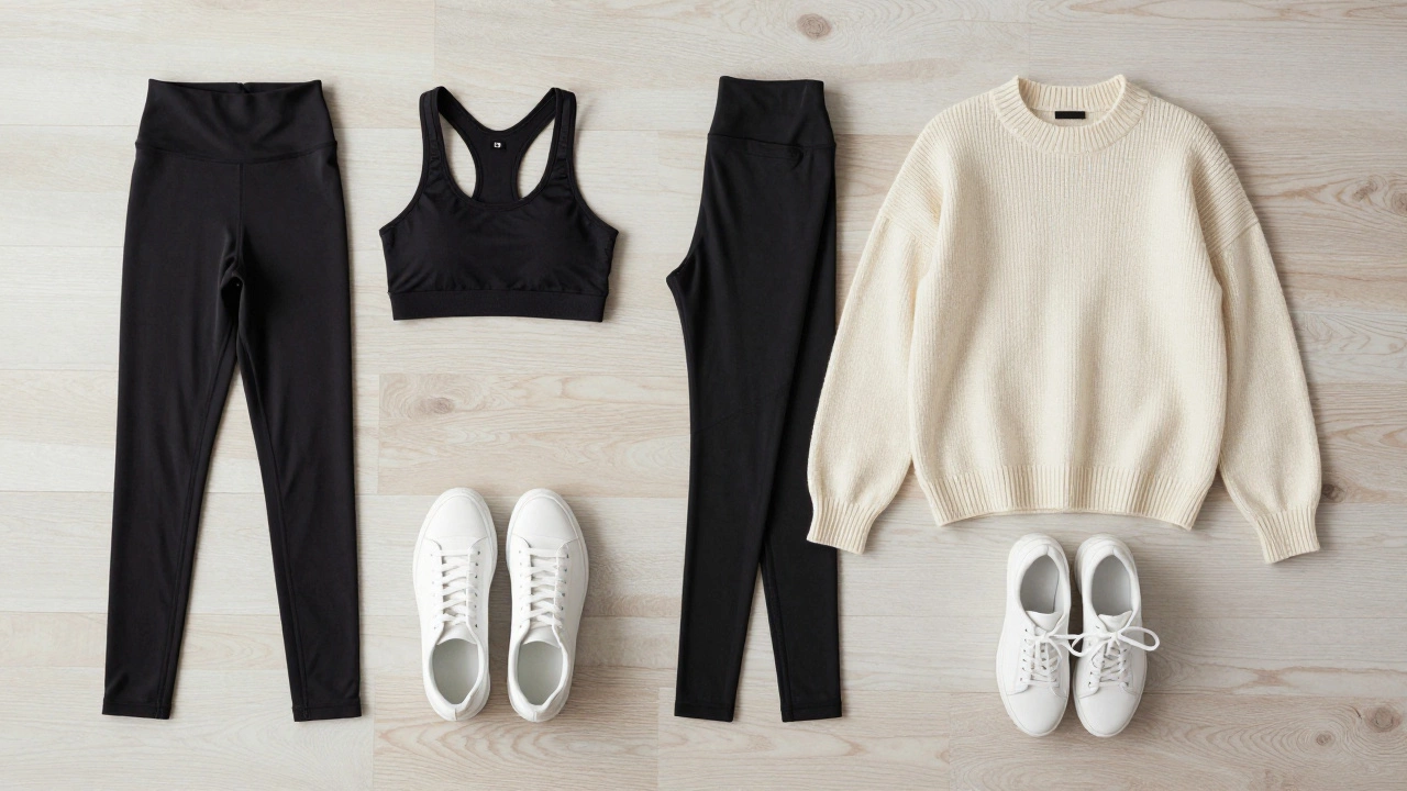 A curated outfit pairing black athletic leggings with a cozy knit sweater and white sneakers
