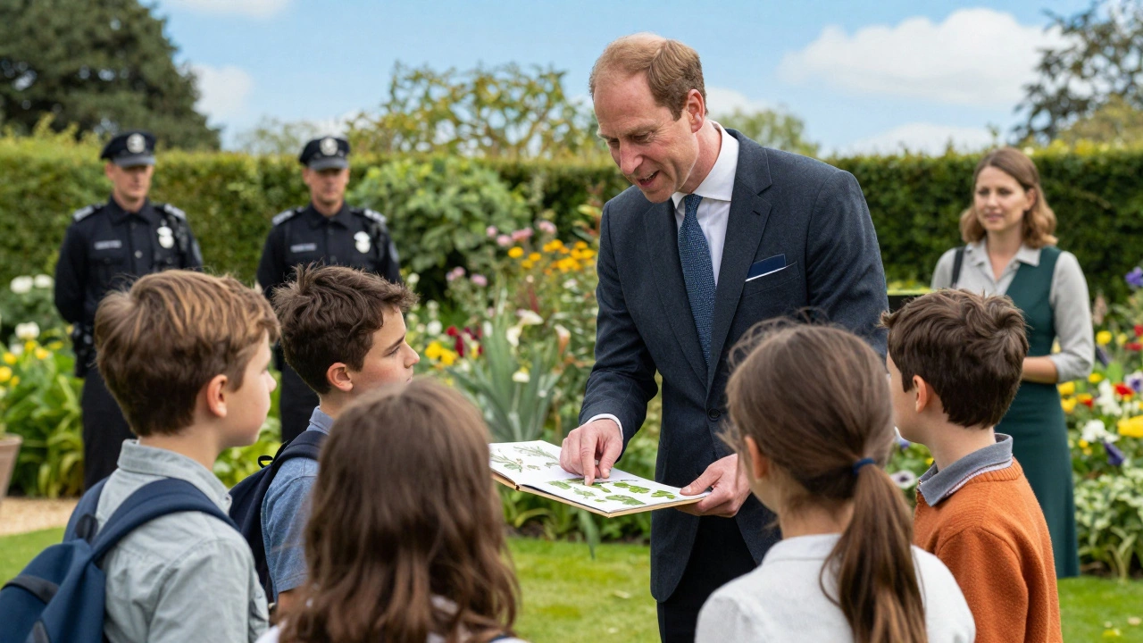 A royal tutor teaching children about nature in a sunny, manicured English garden.
