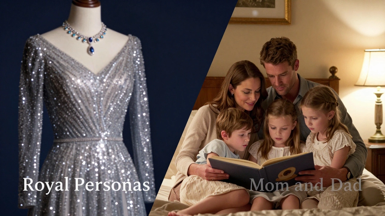 A split image contrasting a glamorous gala dress with a cozy family bedtime story scene.