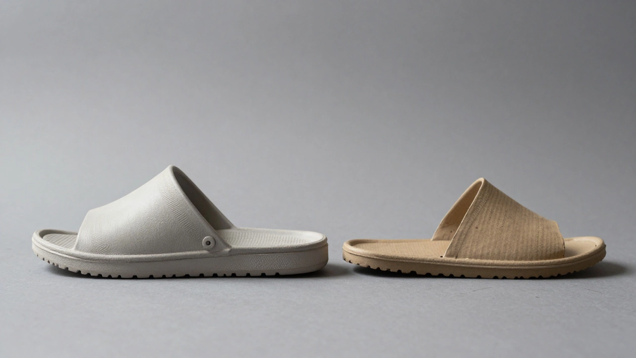 Comparison between a new supportive slipper and a worn-out flat slipper.