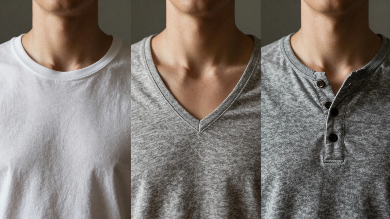 Comparison of crew neck, V-neck, and Henley shirt necklines
