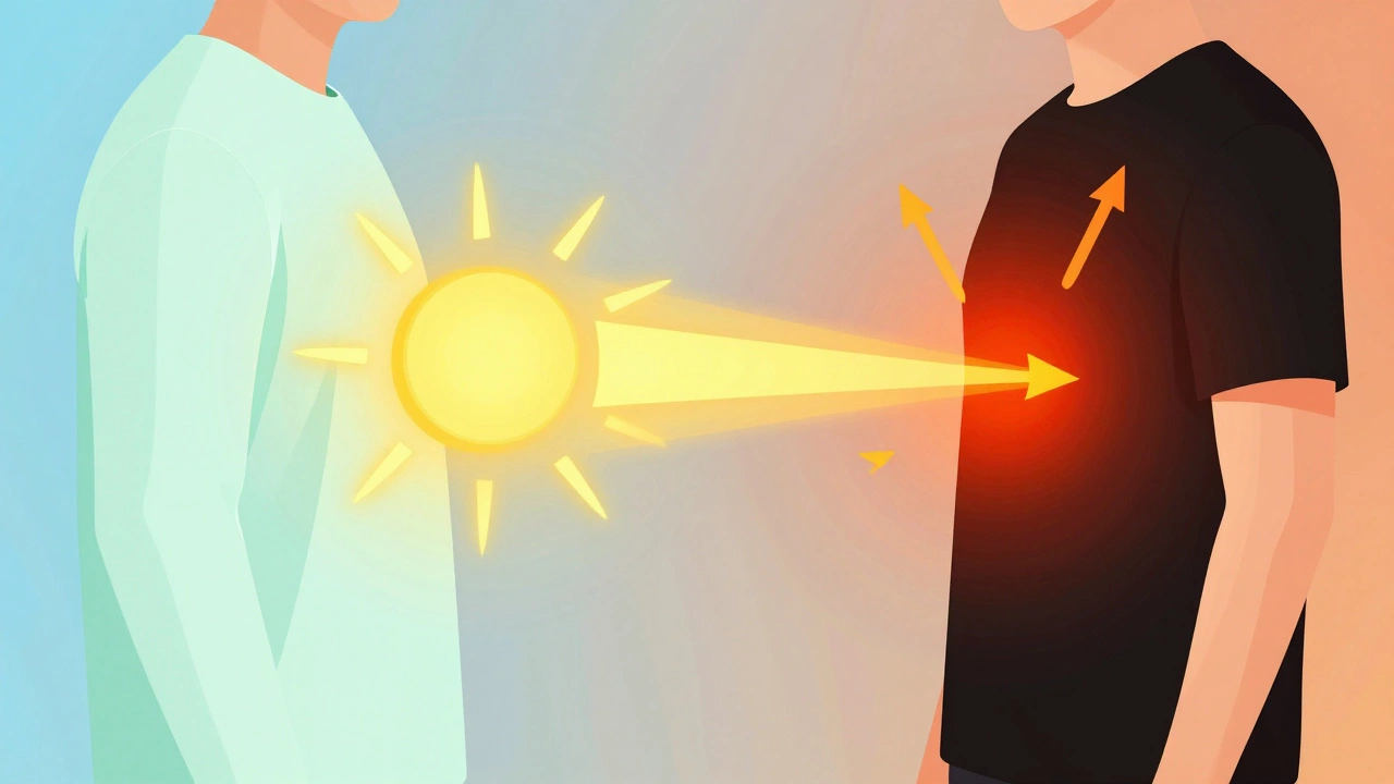 Conceptual illustration showing light colors reflecting heat and dark colors absorbing it