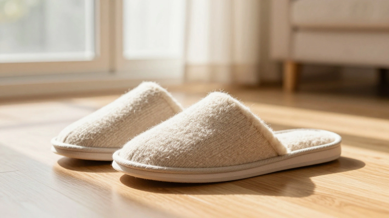 Cozy Merino wool slippers with arch support on a sunlit wooden floor.