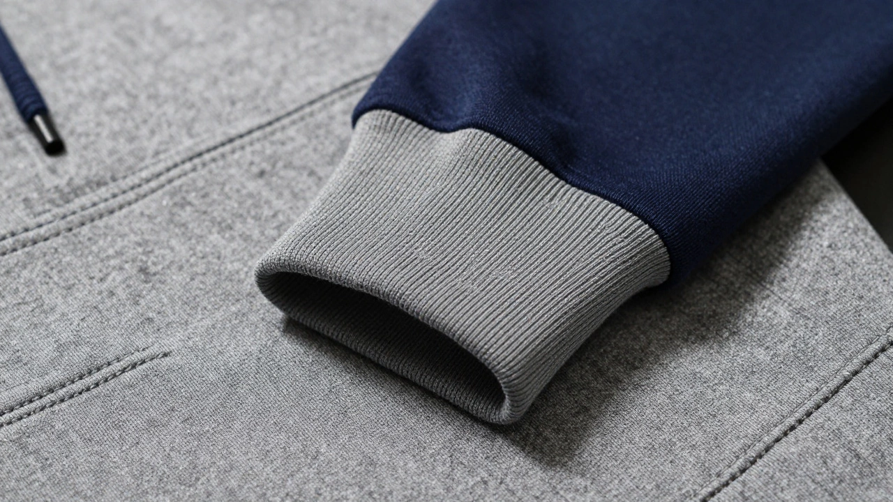 Macro detail of heavy cross-grain fabric and ribbed cuff stitching on a grey hoodie