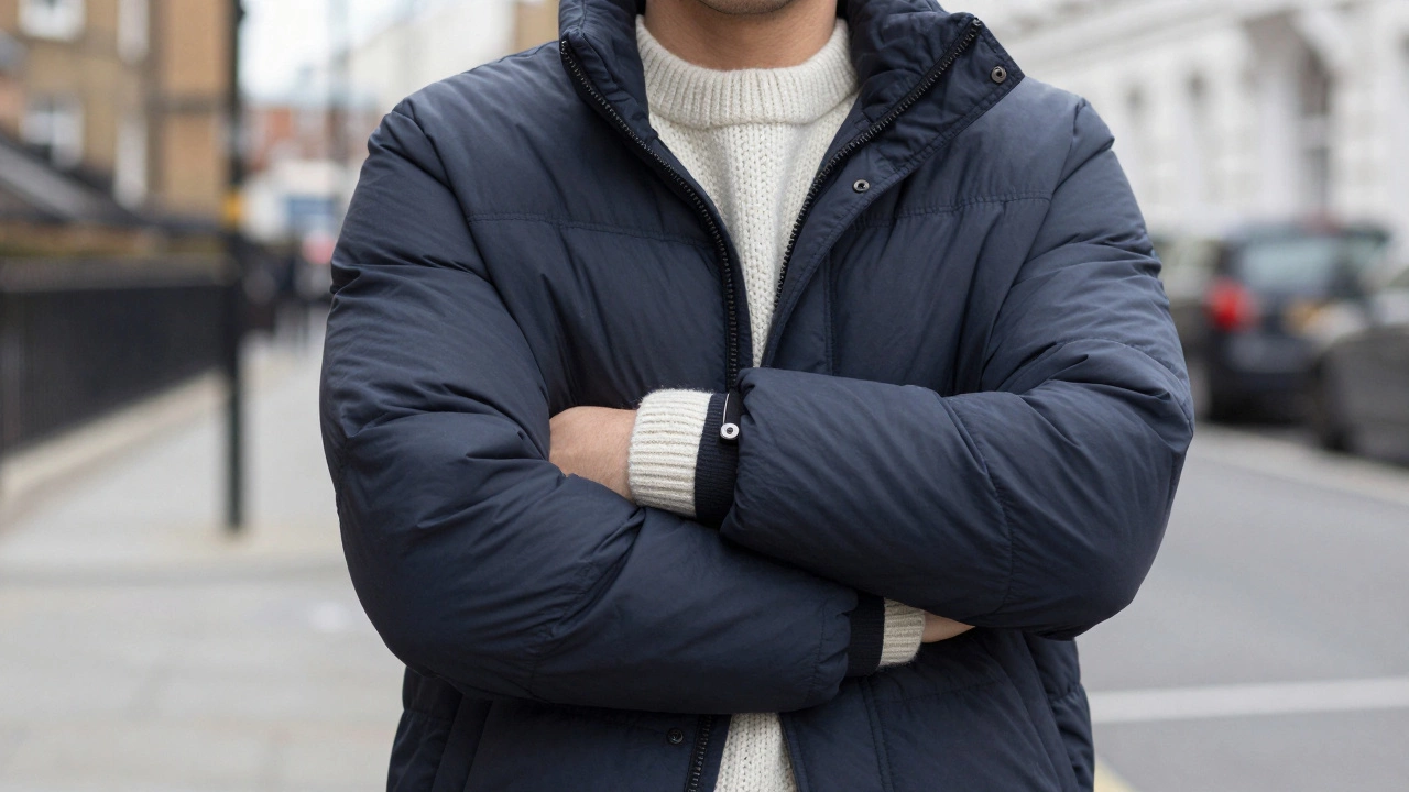 Person testing the fit of a puffer jacket over a wool sweater in a city