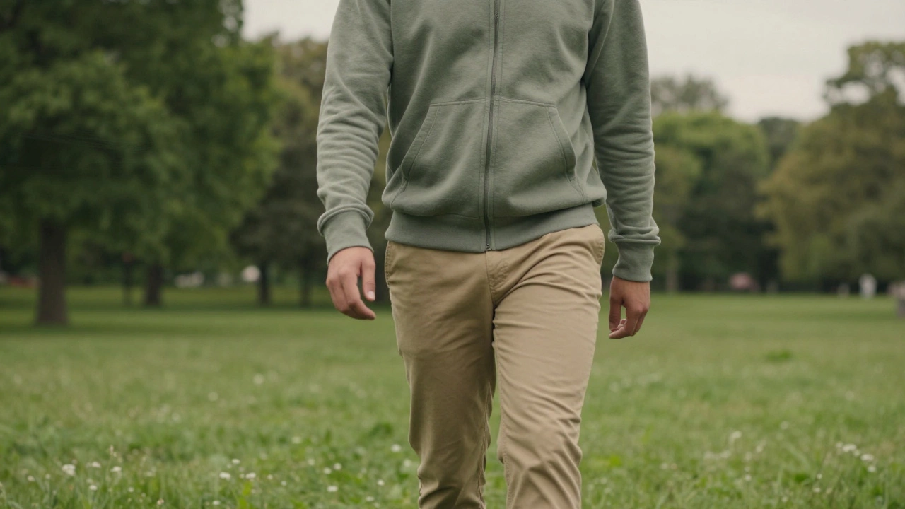Person wearing a light olive green zip-up hoodie while walking in a cloudy park