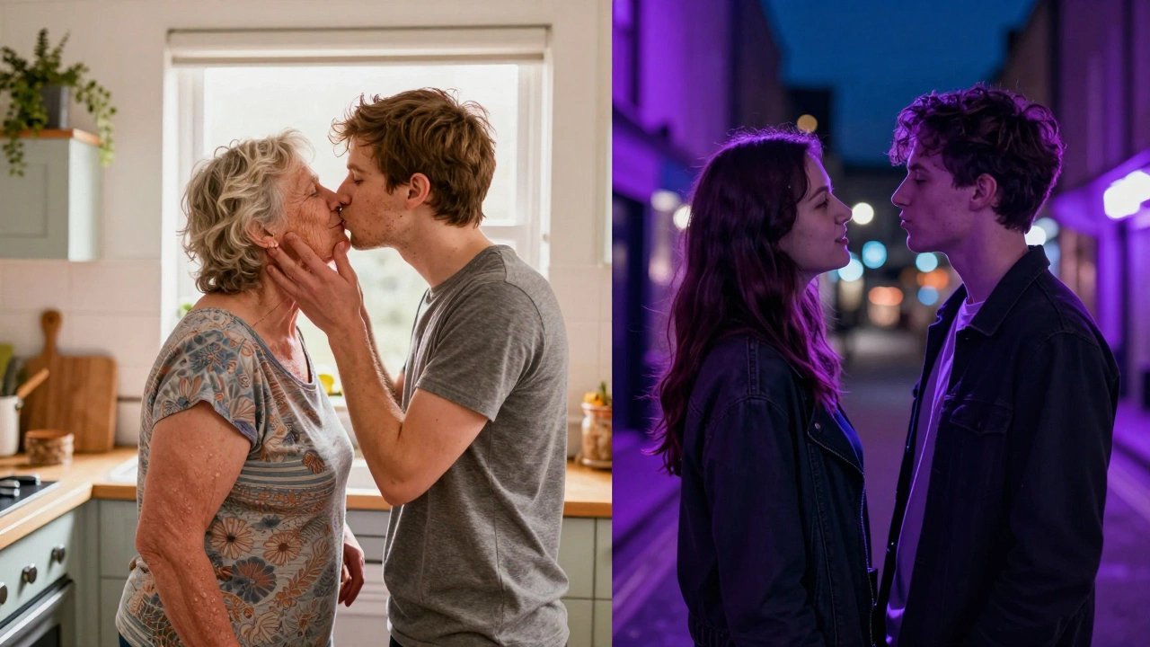 Split scene showing a polite peck on a grandmother's cheek and a playful couple flirting.
