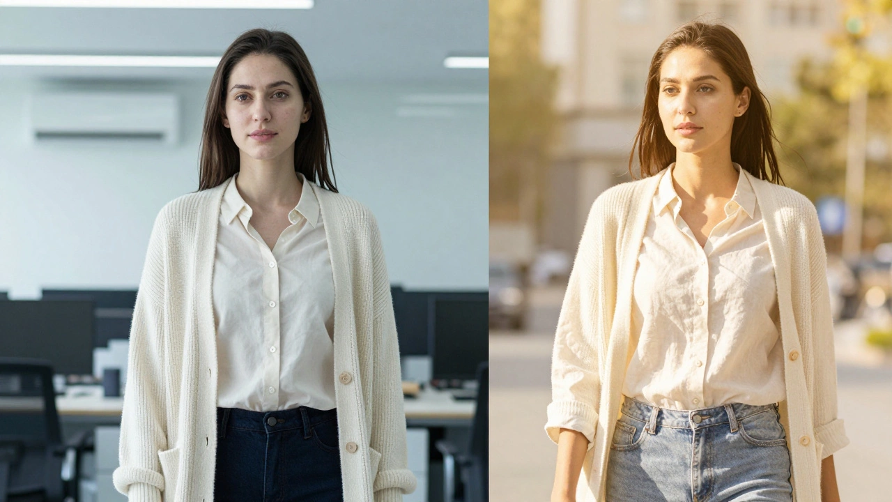 Split screen showing a woman in a cardigan indoors and in a linen shirt outdoors
