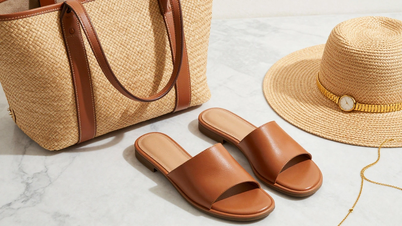 Tan leather sandals, structured straw tote, and gold jewelry on marble