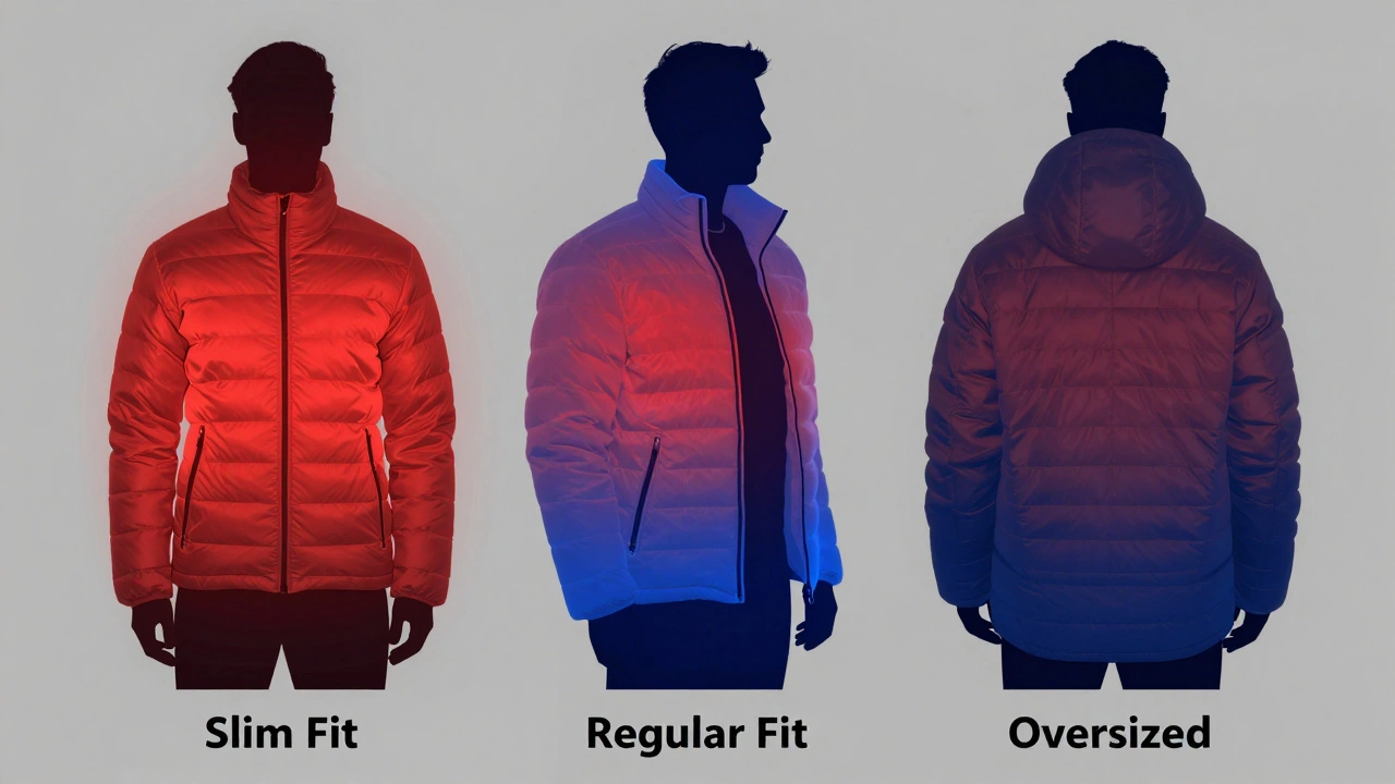 Three puffer jacket fits with heat-map overlays showing warmth and cold spots