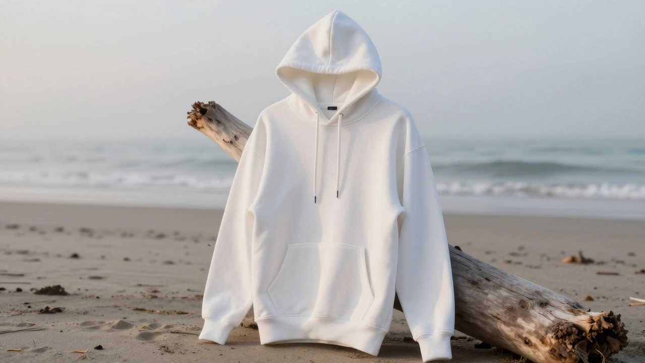 White organic cotton hoodie draped over driftwood on a foggy beach