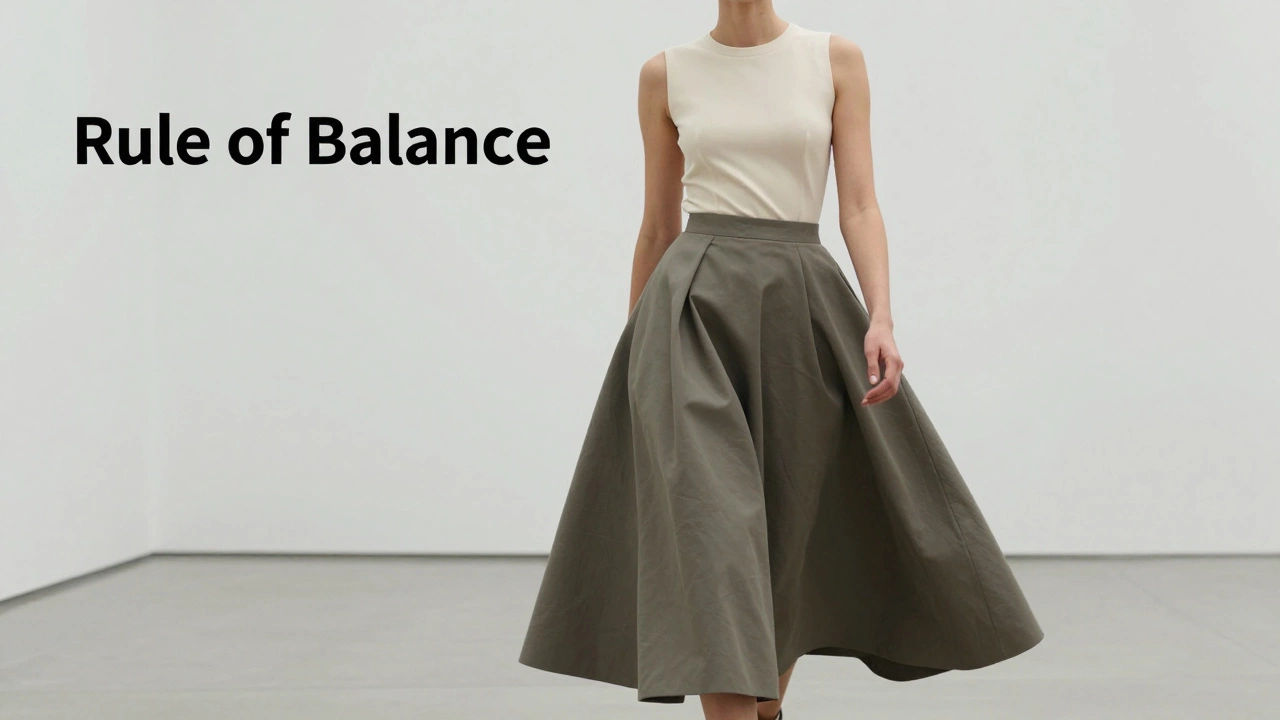 Woman wearing a fitted cream top and olive A-line midi skirt in a gallery