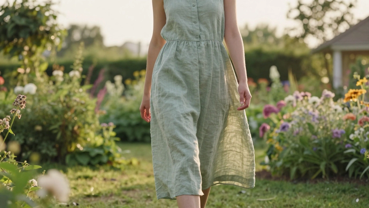 Woman wearing a loose pale sage green linen dress in a sunny garden