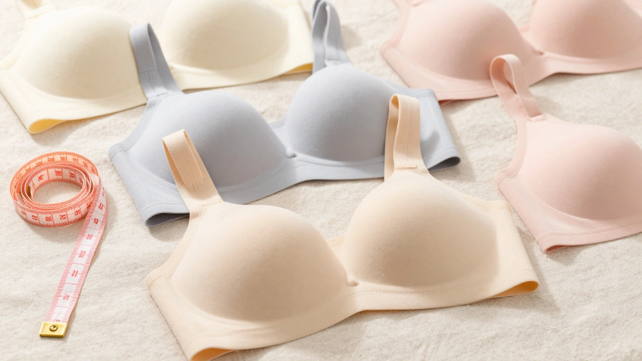 Assortment of wireless cotton youth bras and a measuring tape on linen.