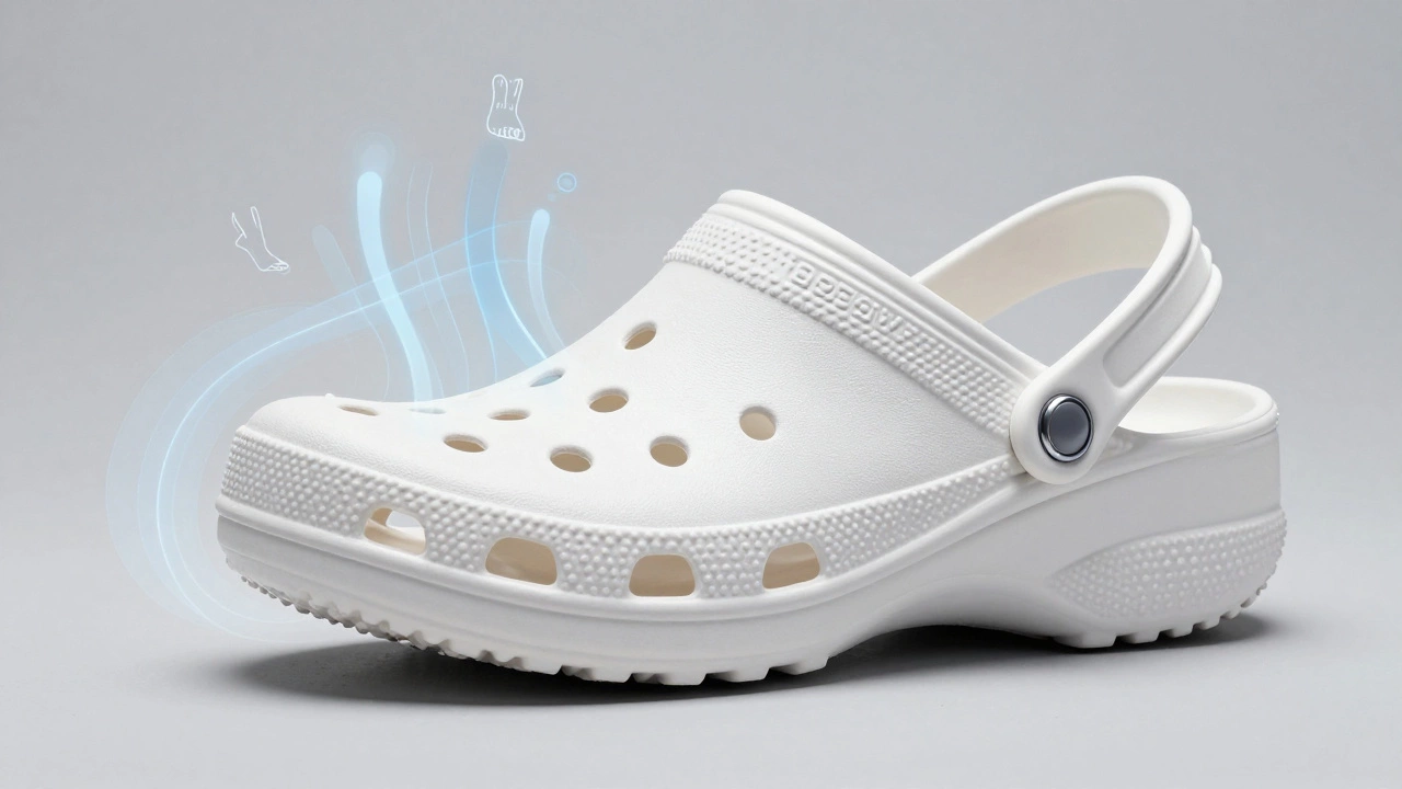 Close-up of a white Croc showing ventilation holes and arch support features